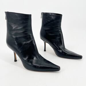 Vintage Jimmy Choo Black Leather Pointed Toe Stiletto Heel Ankle Boots IT 38